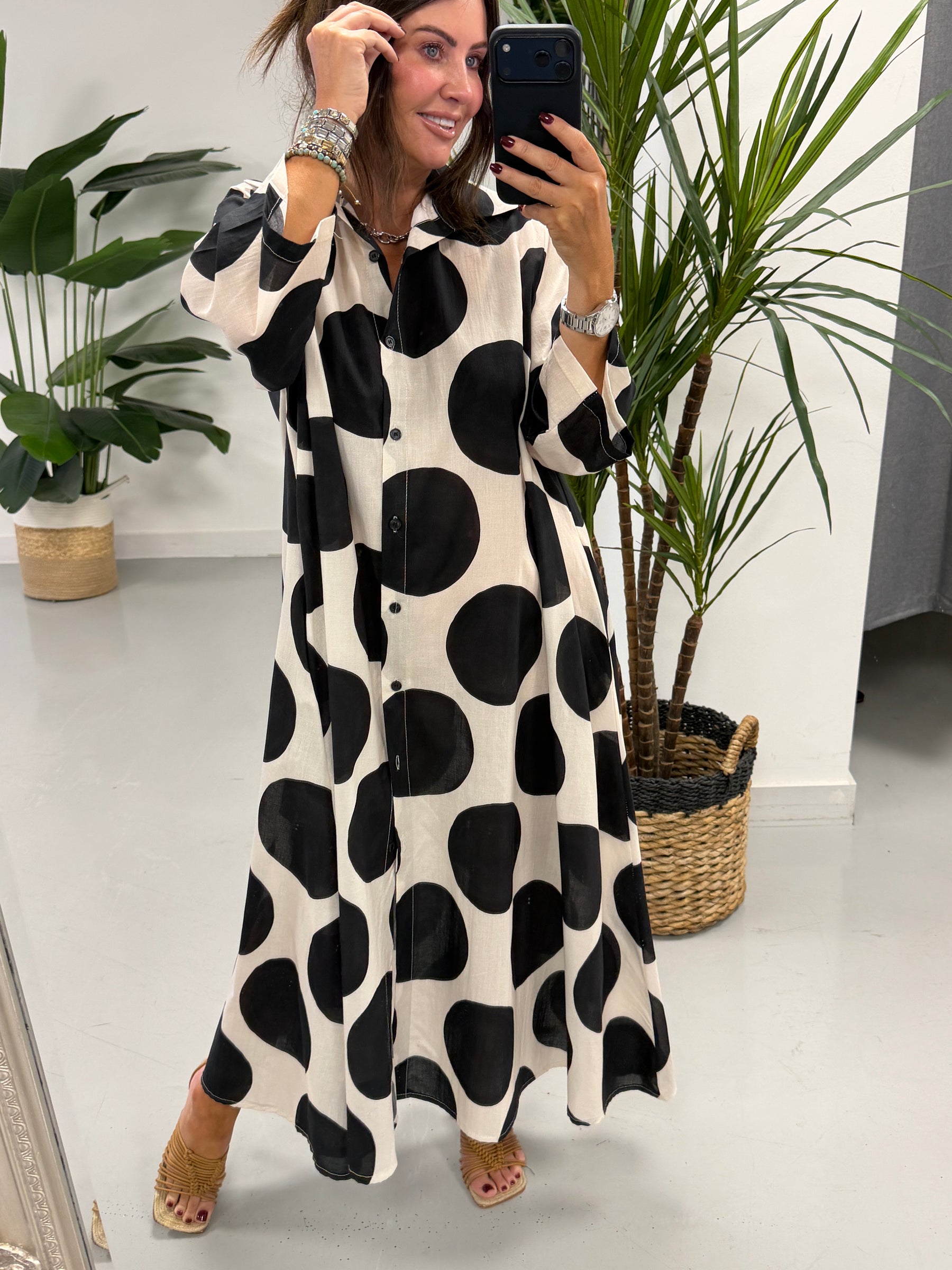 Polka Button Shirt Dress - Black / Cream