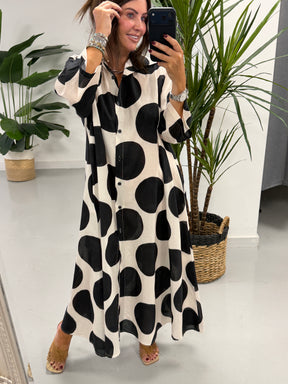 Polka Button Shirt Dress - Black / Cream