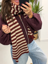 Wool Mix Stripe Scarf - Wine Cream