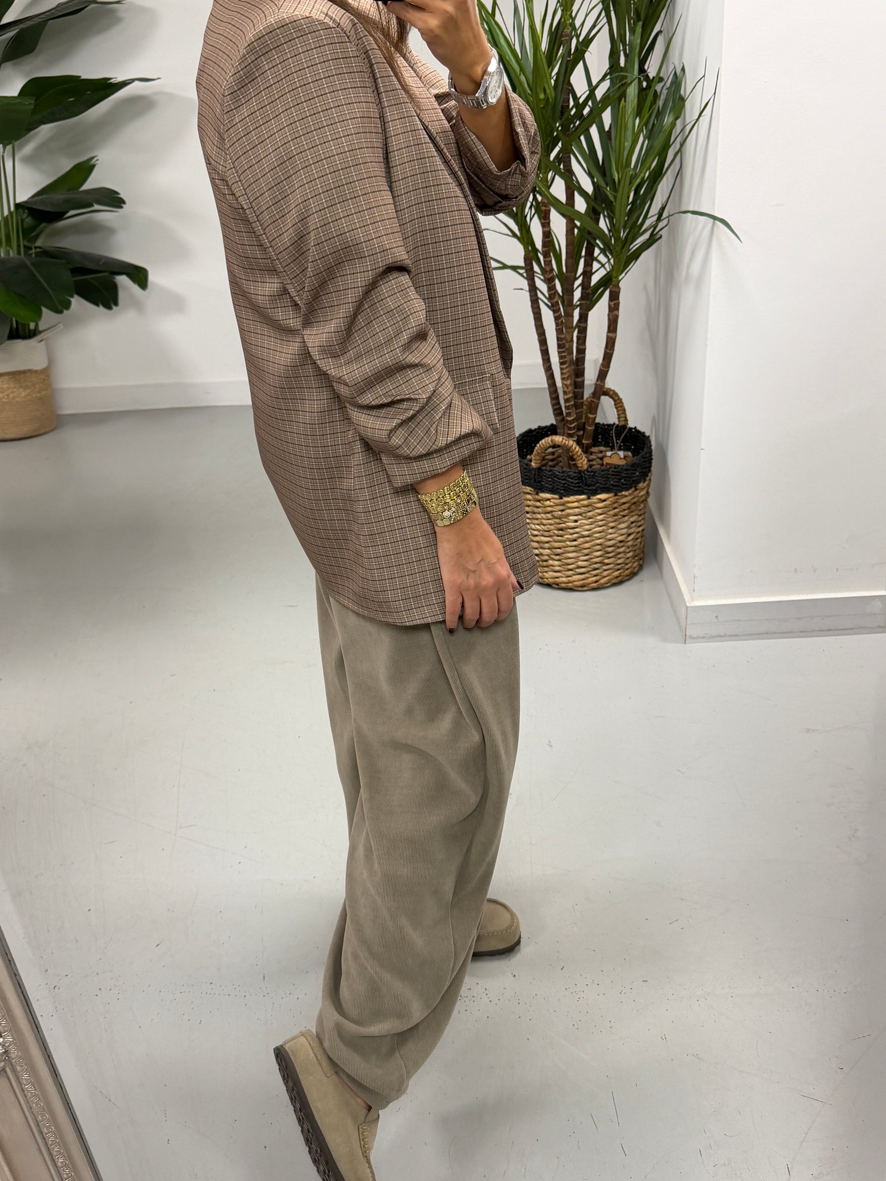Plaid Ruched Sleeve Blazer - Taupe  (Plus sizes)
