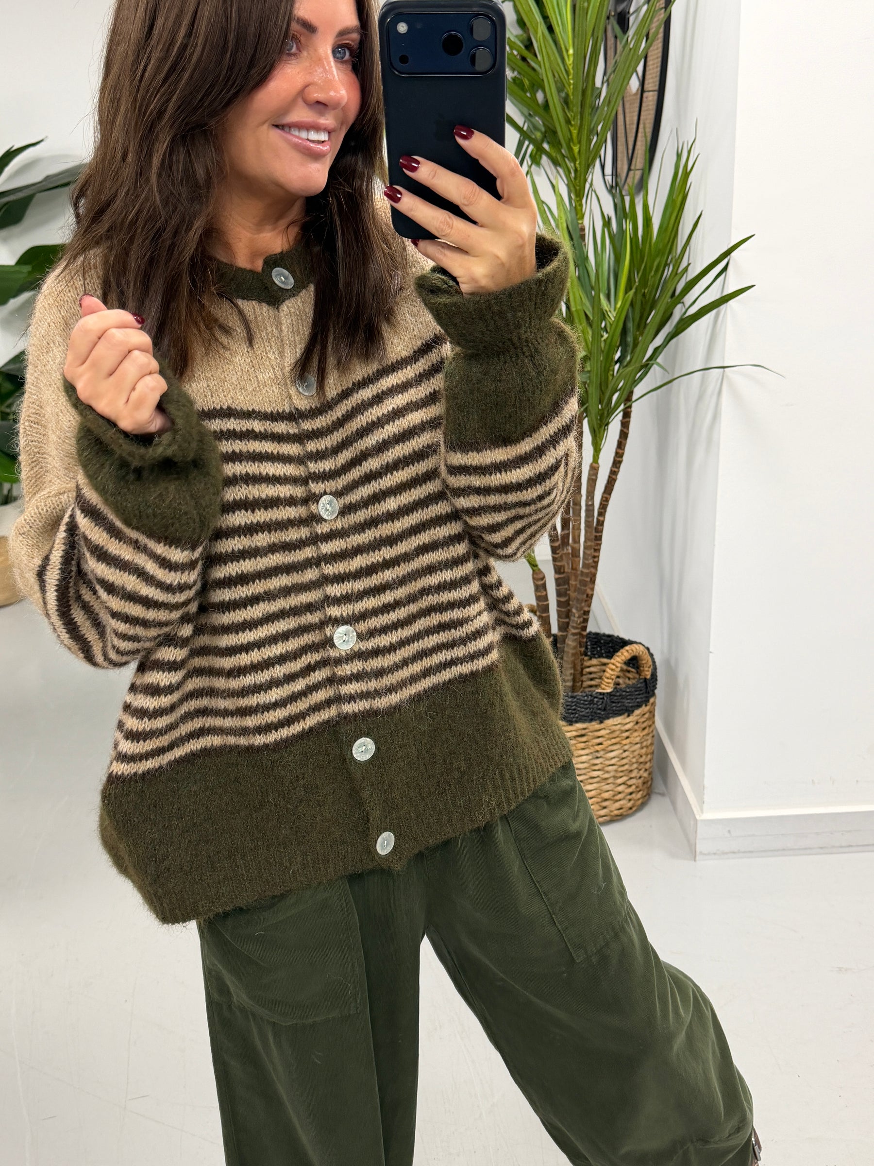 Rustic Stripe Knit Cardigan - Green/Mocha/Chocolate (Size 10-18)