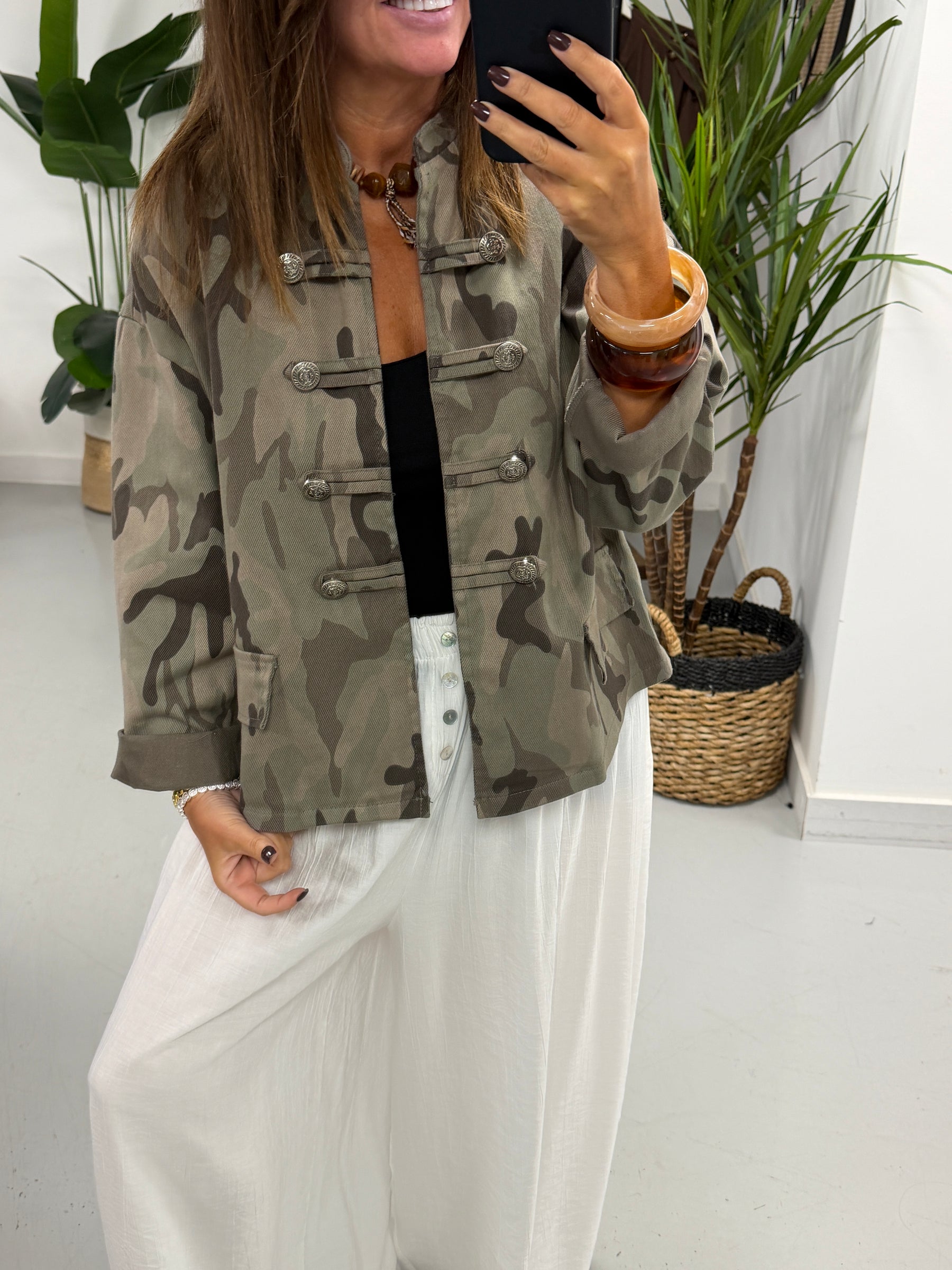 Camo Denim Military Jacket - Light Khaki/Mocha