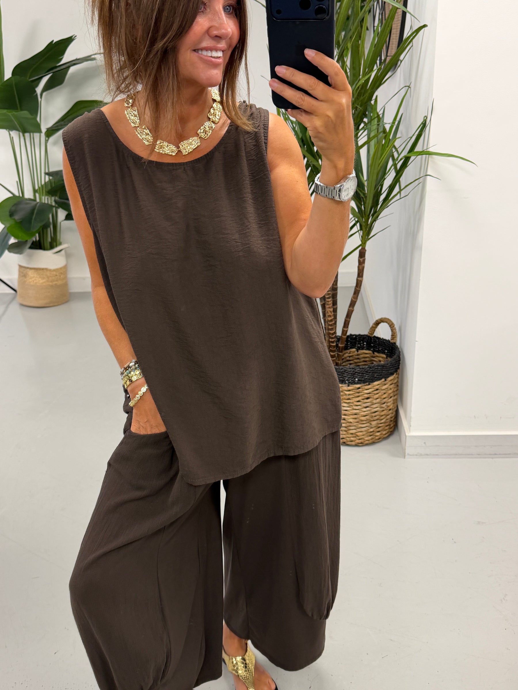 Sorrento Crochet Back Top - Chocolate