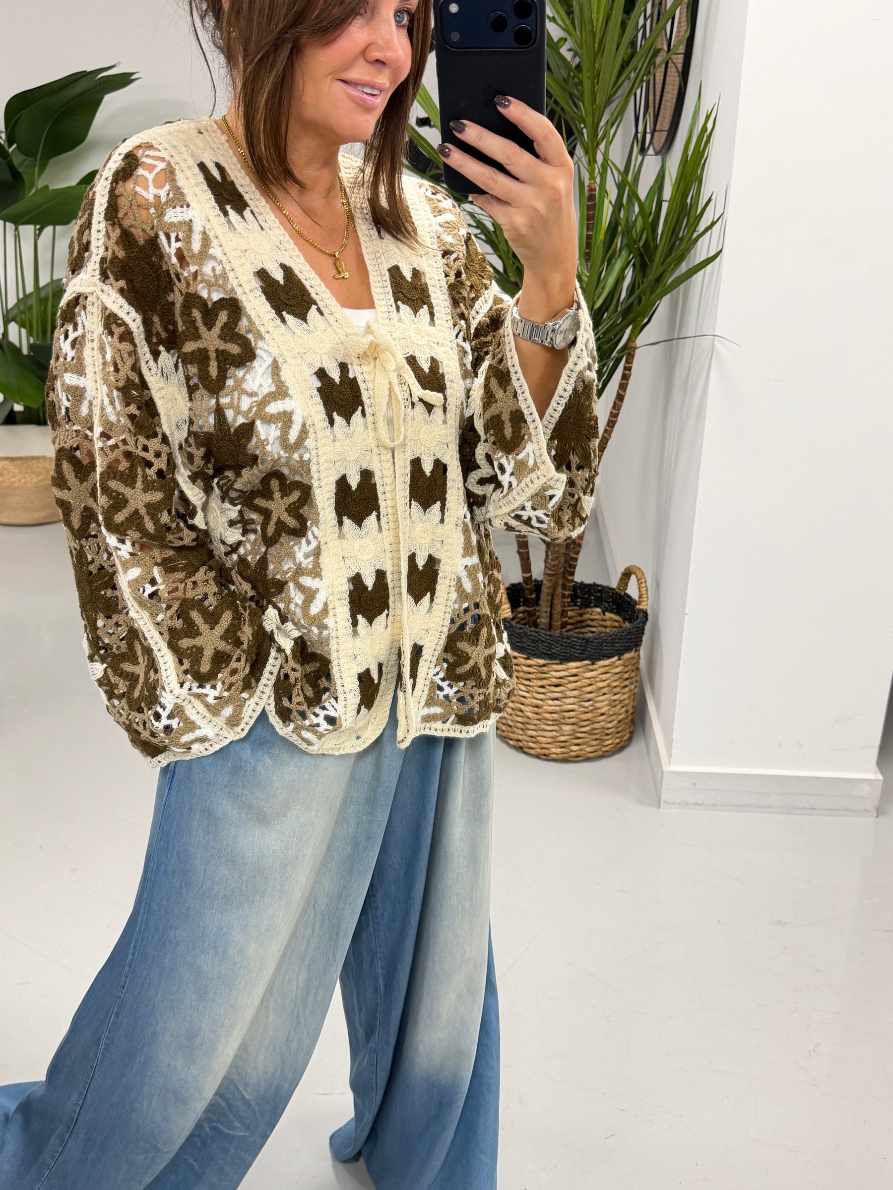 Sorrento Flower Crochet Tie Front Cardigan - Chocolate/Cream