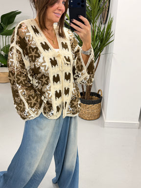 Sorrento Flower Crochet Tie Front Cardigan - Chocolate/Cream