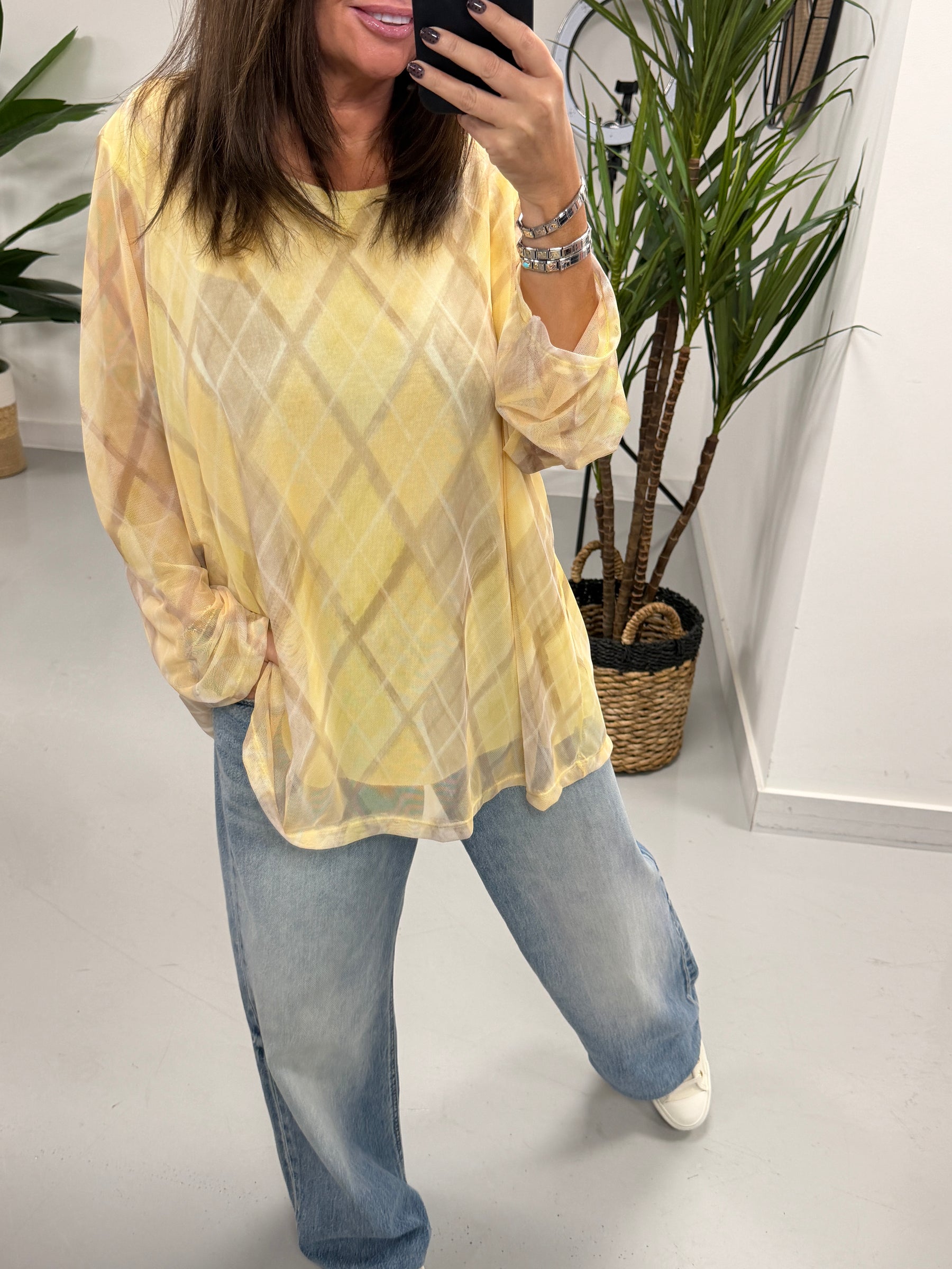 Layered Argyle Mesh Top - Lemon