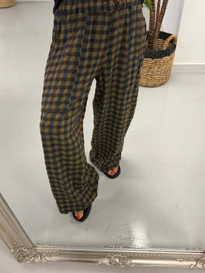 The Autumn Check Baggy Barrel Trousers - Olive Green/Blue