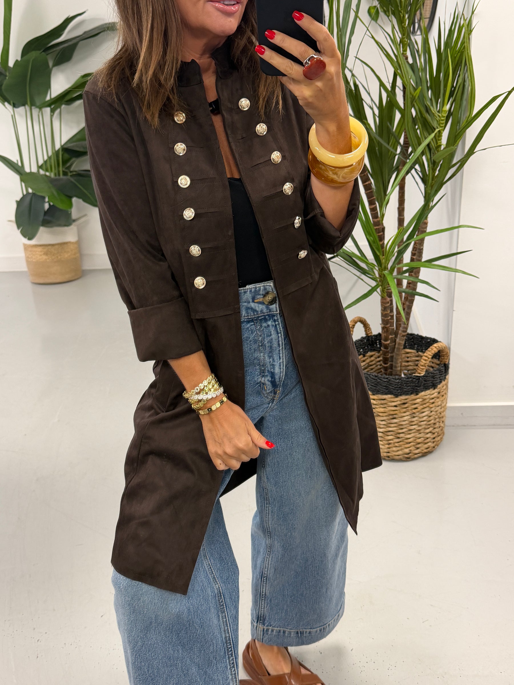 The Bronte Suedette Military Longline Jacket - Chocolate