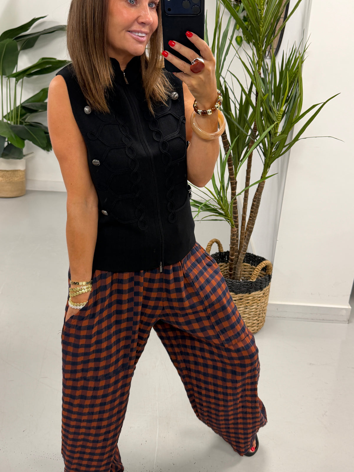 The Autumn Check Baggy Barrel Trousers - Rust/Denim