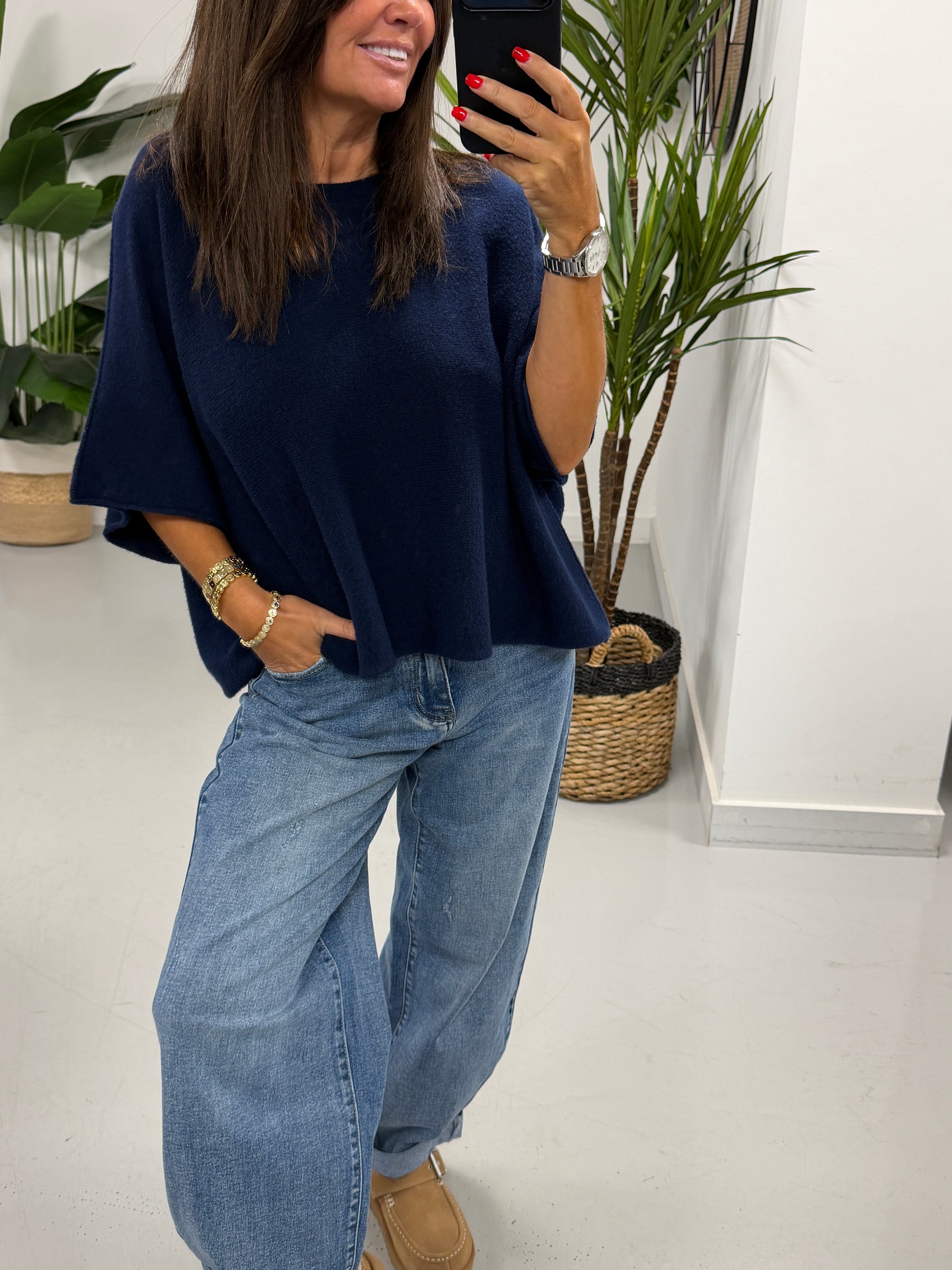 Gracie Crop Sleeve Knit - Navy Blue