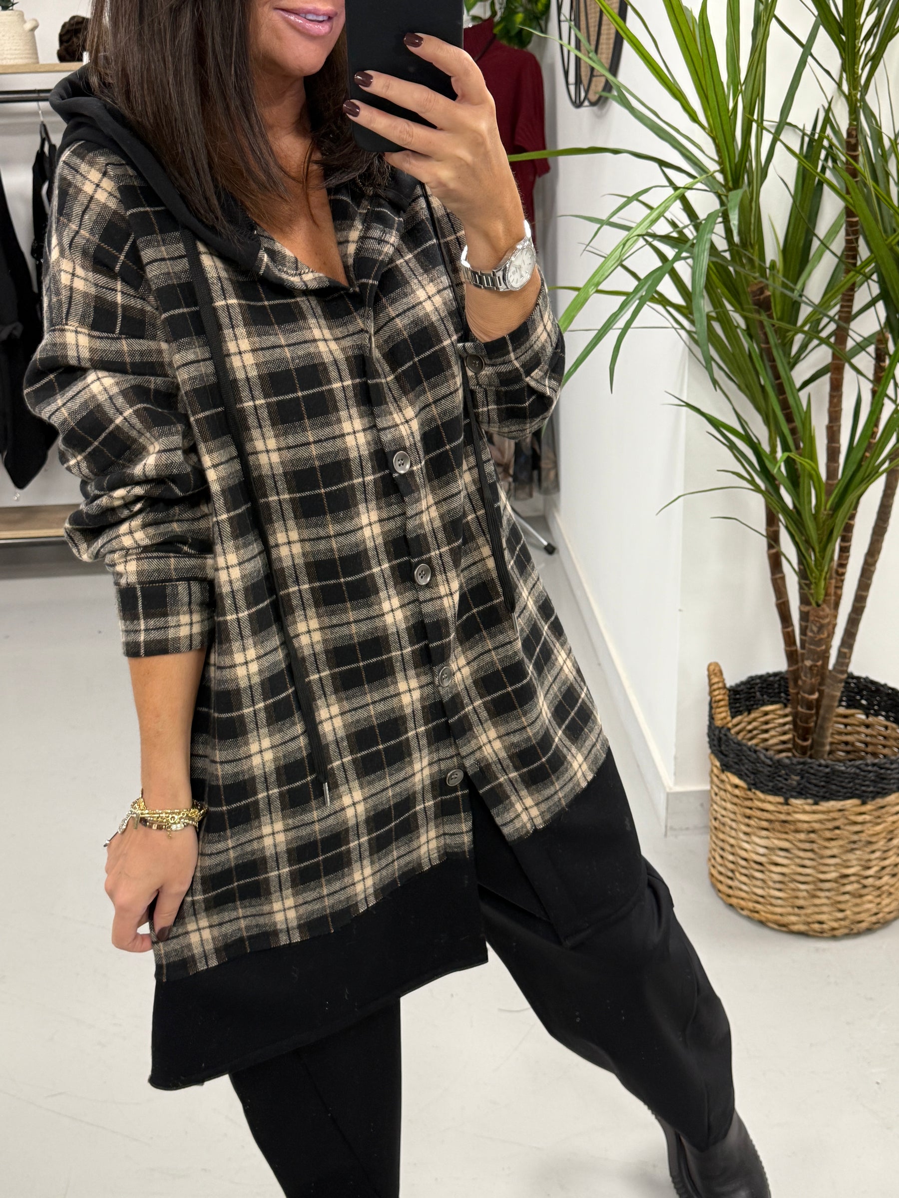 Hooded Check Shacket - Black