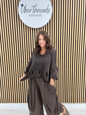 V Neck Holey Knit - Chocolate