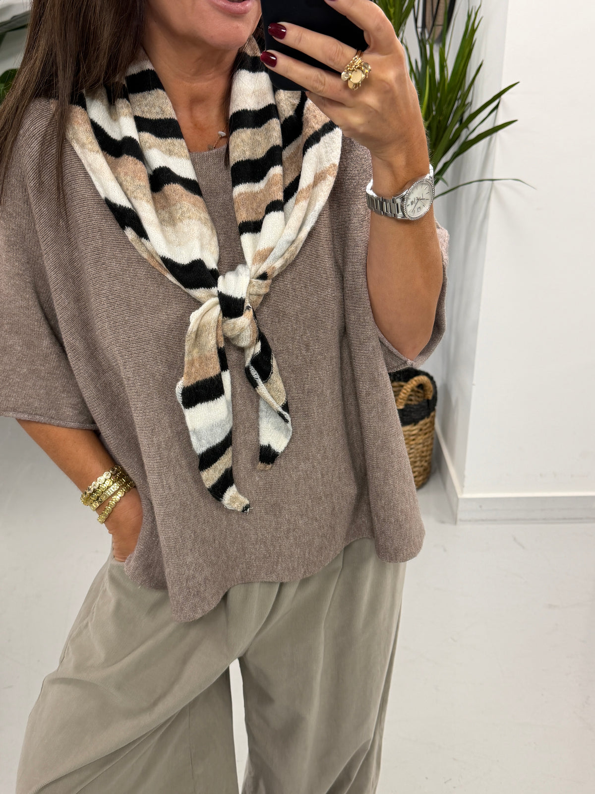 Wool Mix Neckerchief Stripe Scarf - Black/Taupe