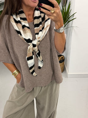 Wool Mix Neckerchief Stripe Scarf - Black/Taupe