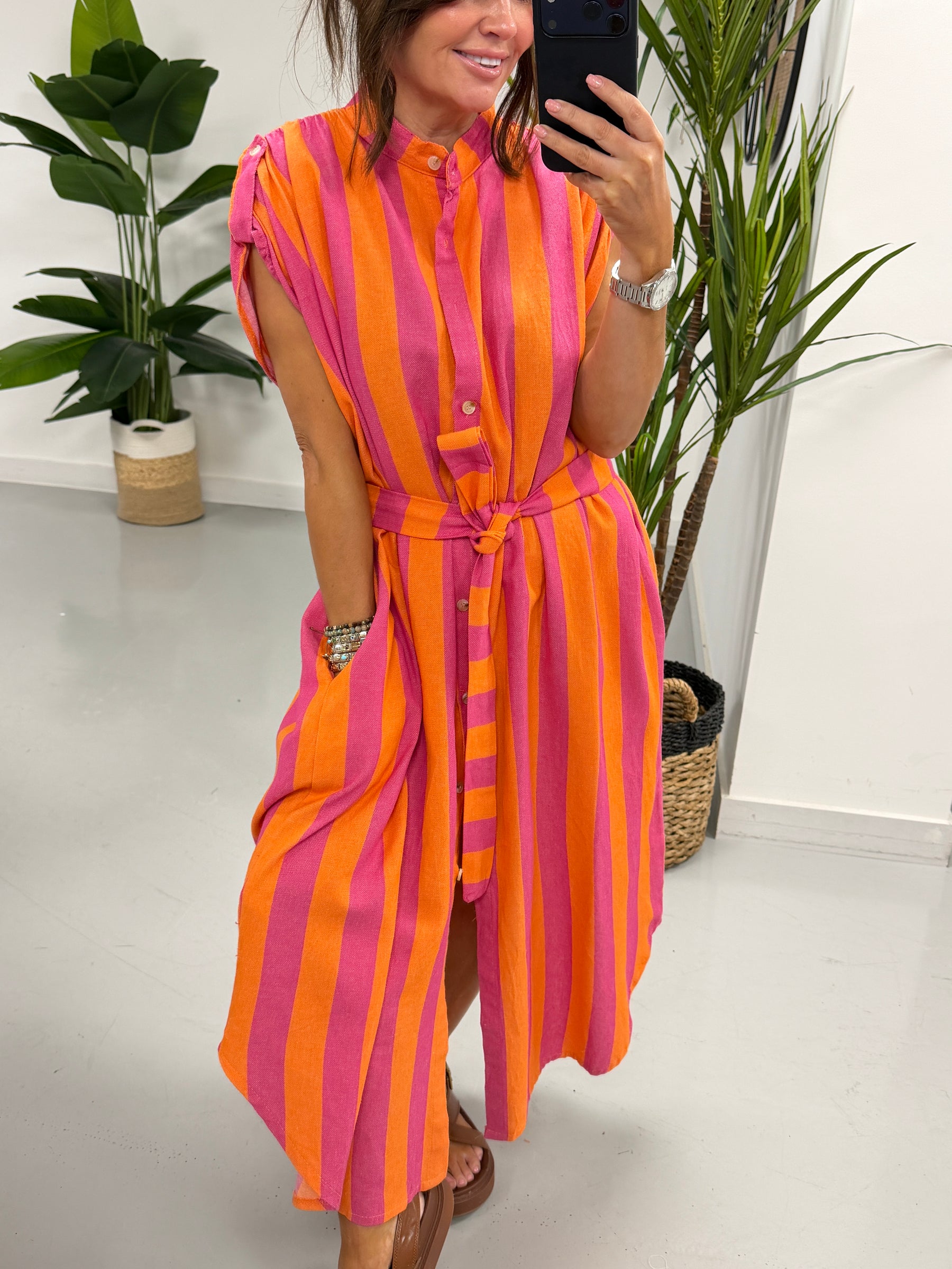 Sugar Rush Cotton Shirt Dress - Pink/Orange