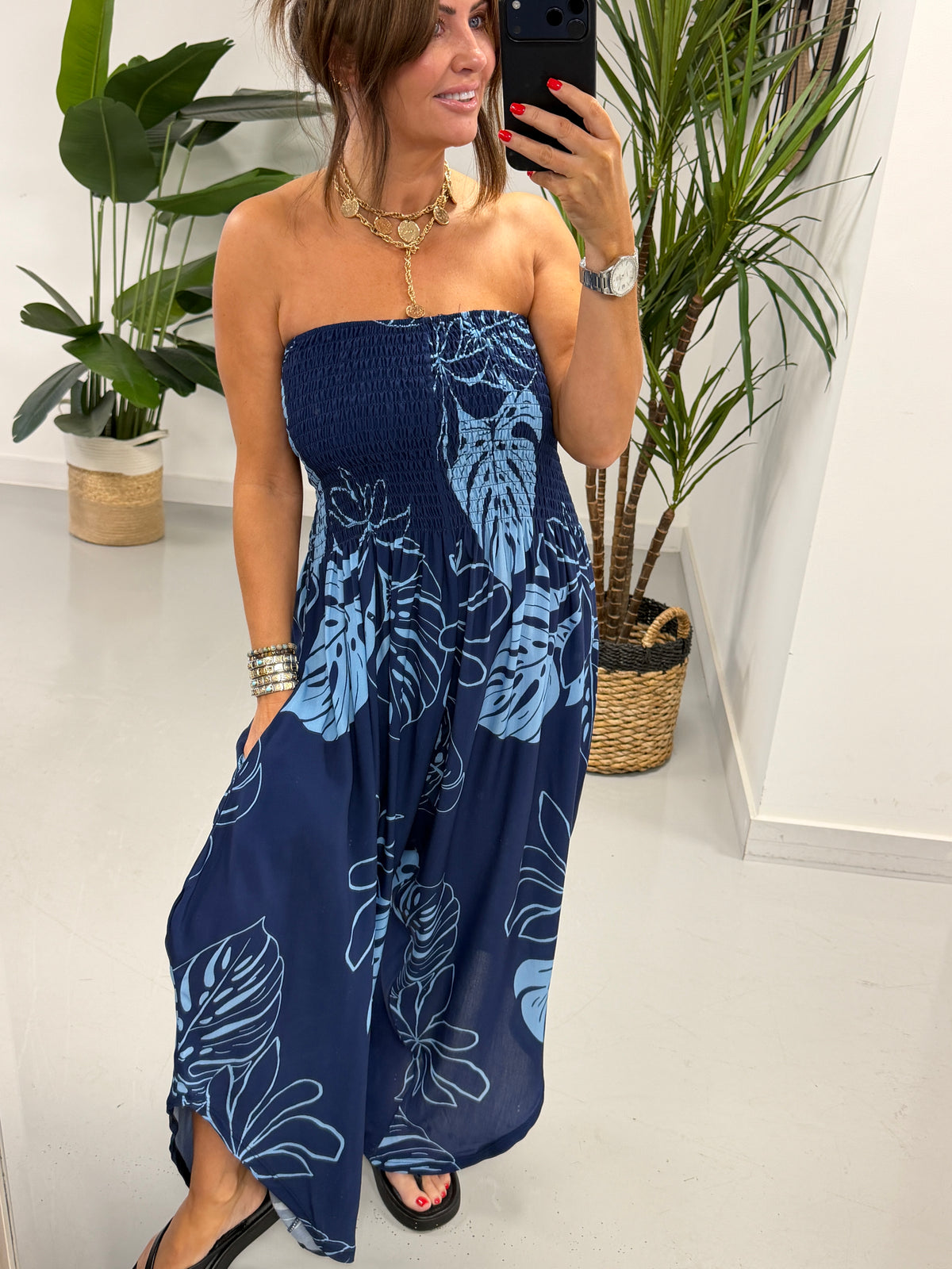 Leaf Bardot Jumpsuit -Blue