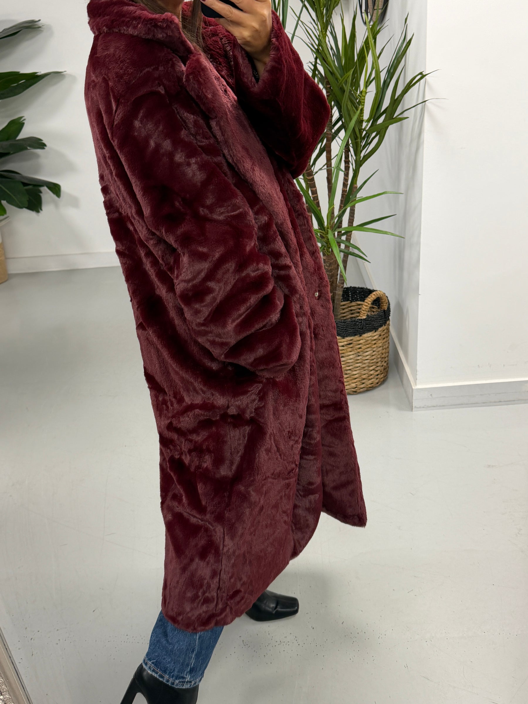 The Safron Longline Faux Fur Coat - Wine (Size 16-20)
