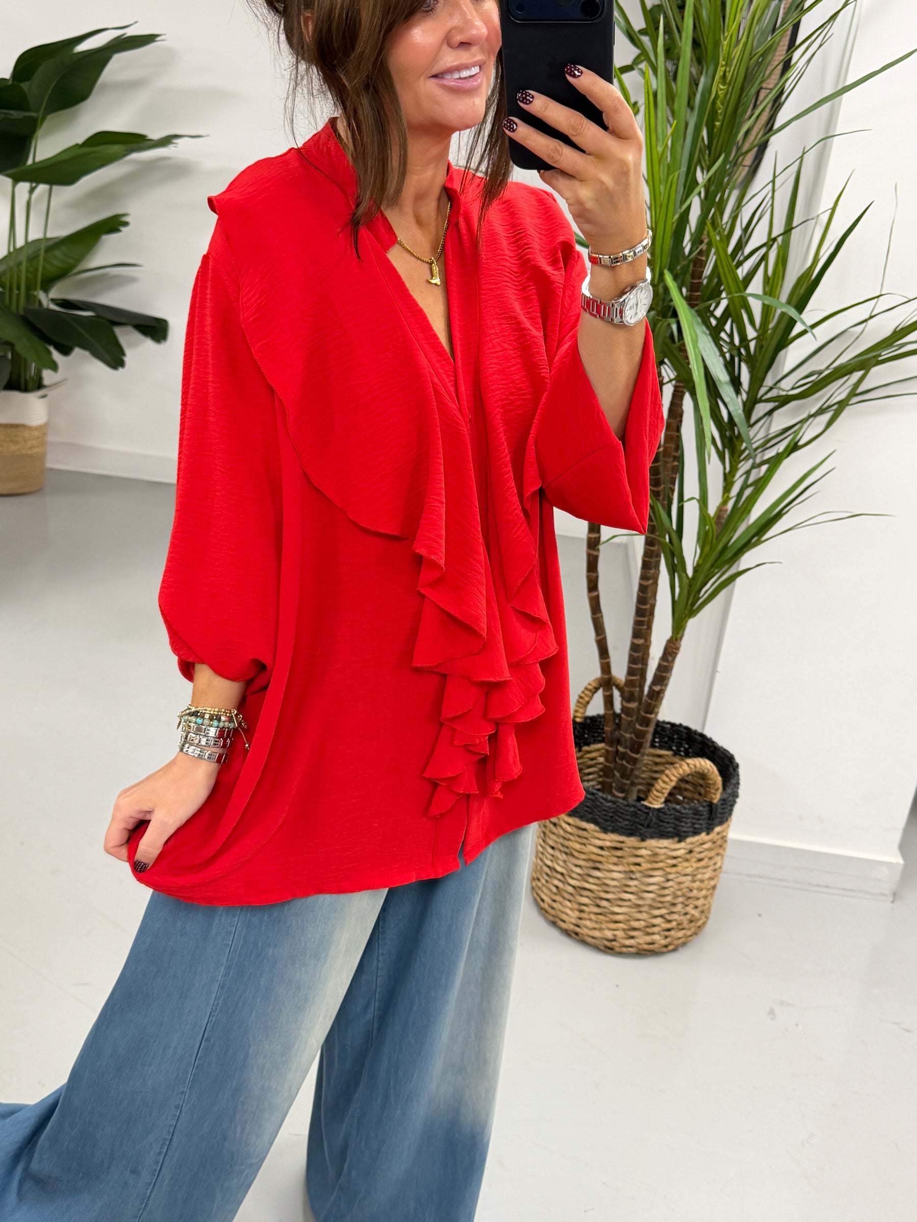 Luna ButtonFrill Blouse - Red