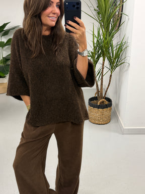 Sofia Soft Knit Crop Sleeve Knit Jumper - Chocolate (Size 10-16)