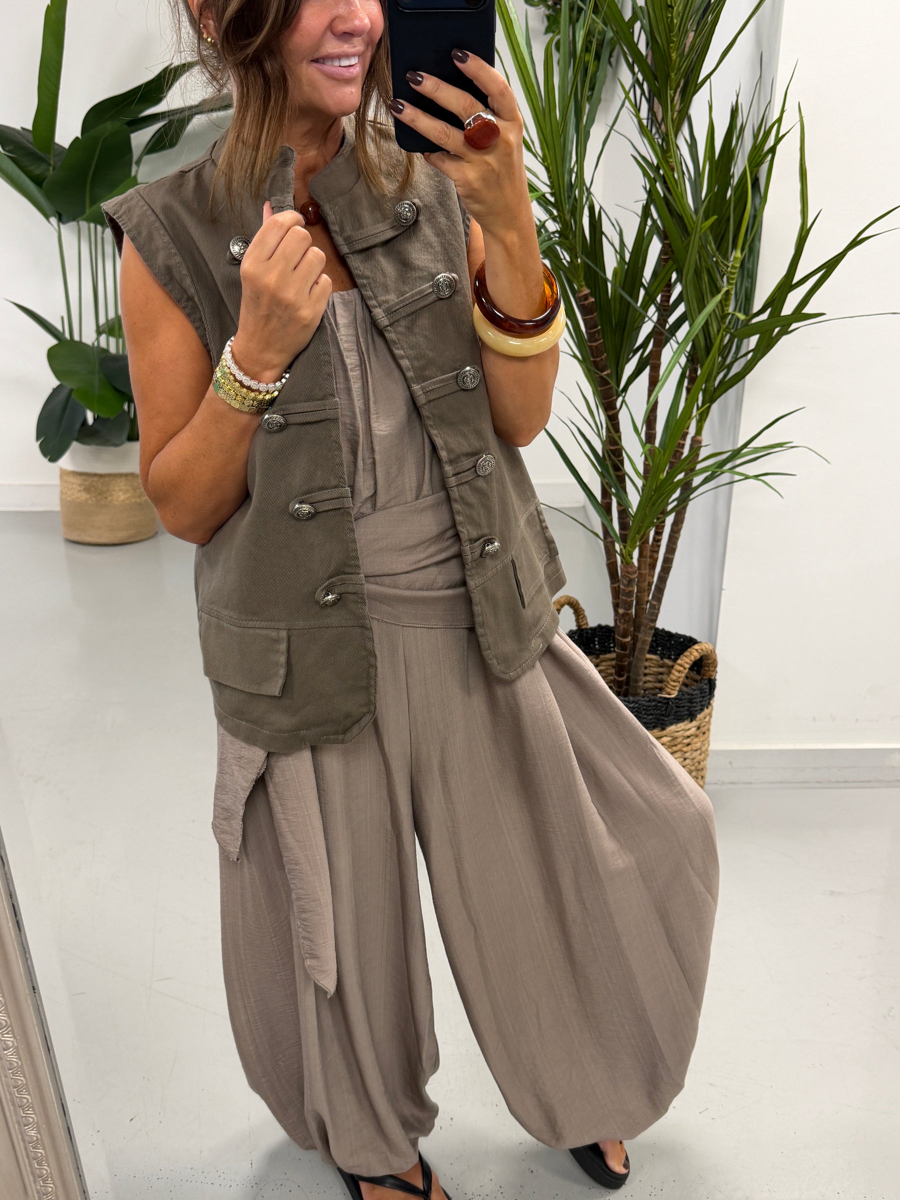 Denim Military Waistcoat - Taupe