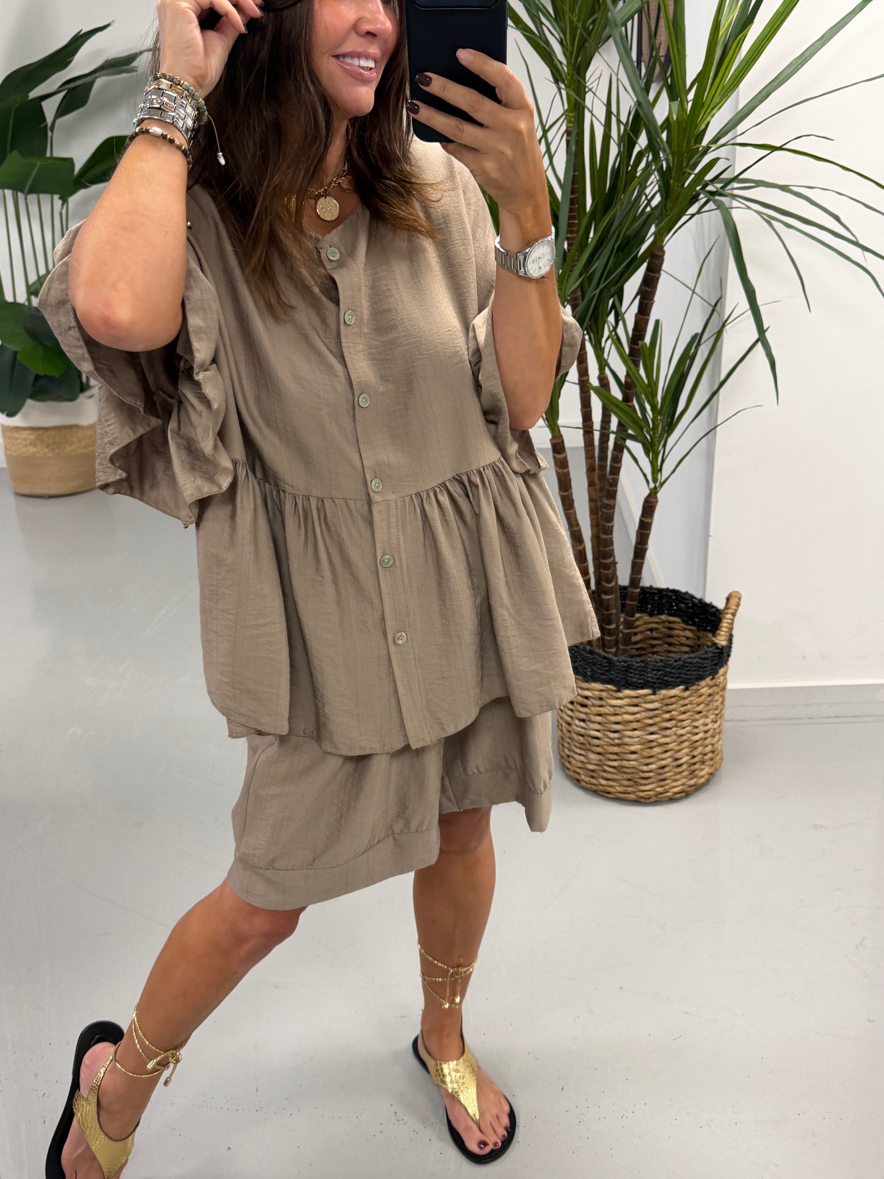 Peplum Button Short Set - Taupe
