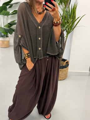 Mesh Button Cardigan - Chocolate