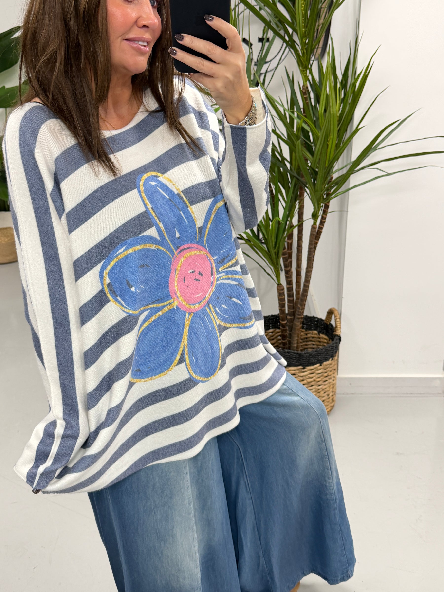 The Daisy/Stripe Soft Knit - Denim Blue