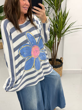 The Daisy/Stripe Soft Knit - Denim Blue