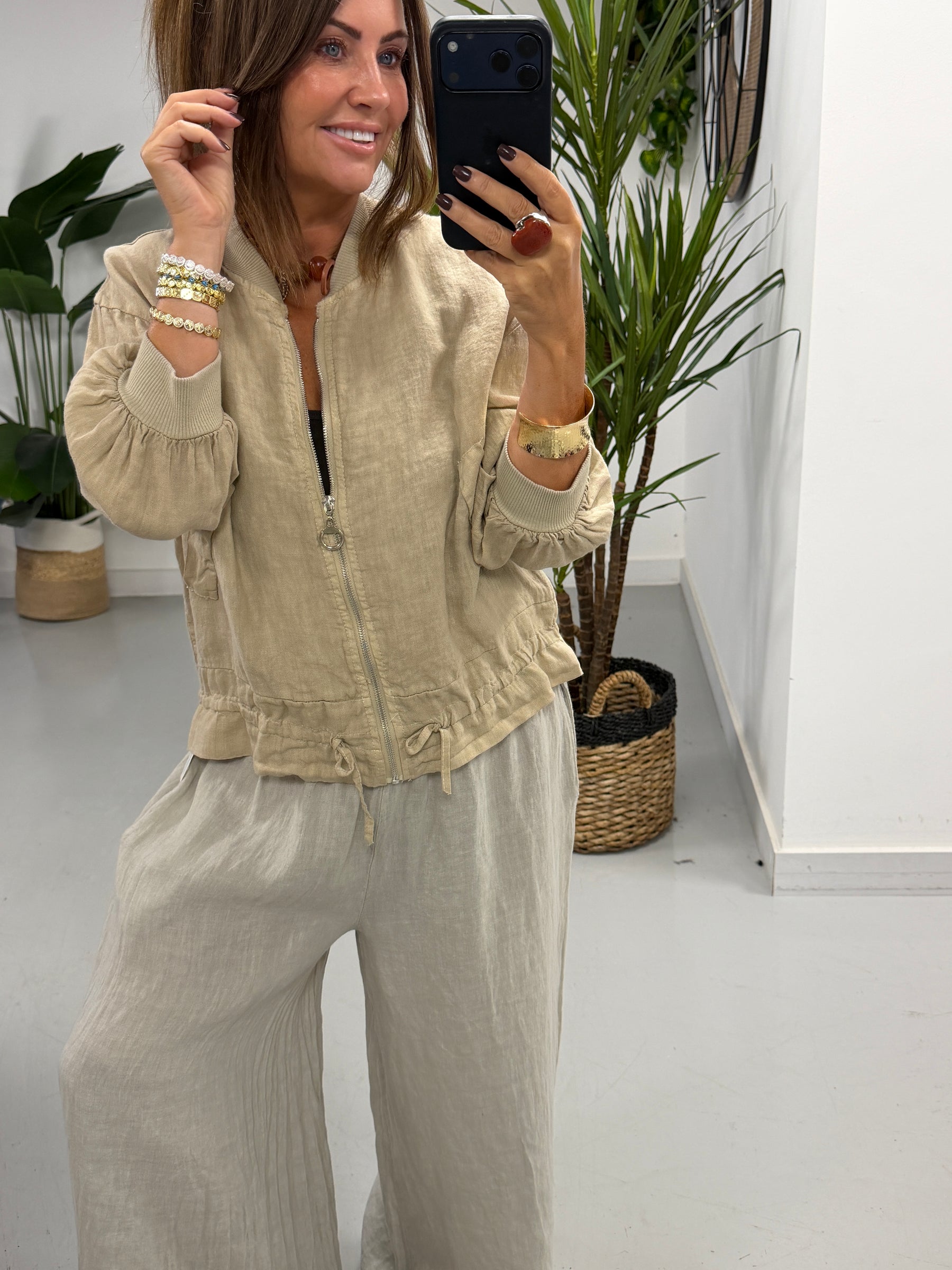 Linen Bomber Jacket - Soft Camel