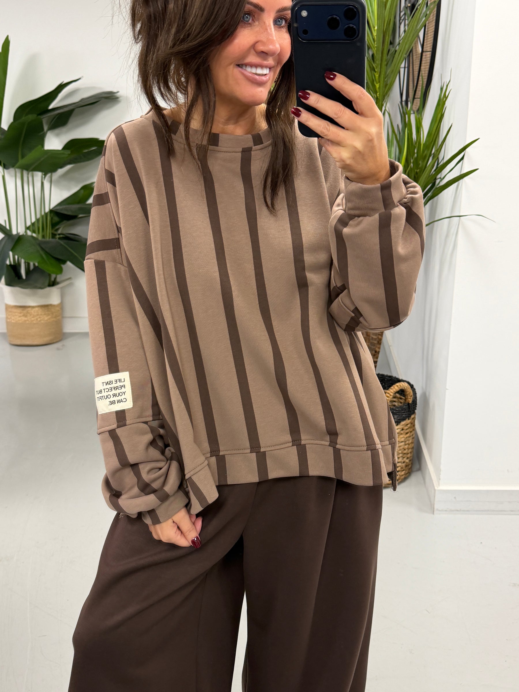 Sunset Stripe  “Life Isn’t Perfect” Sweater - Chocolate/Light Chocolate