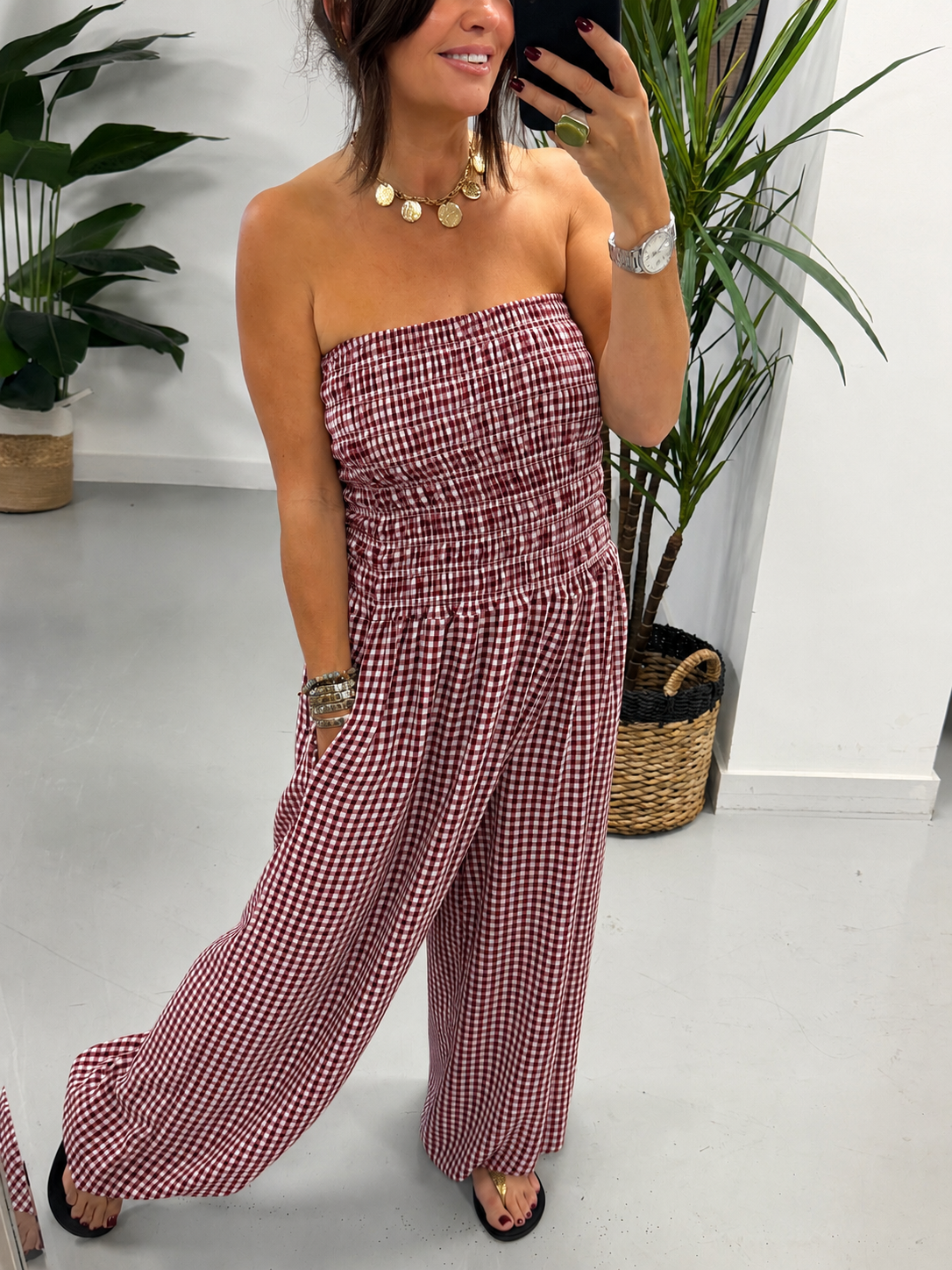 The Gingham Balloon Leg Jumpsuit - Plum