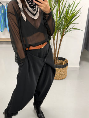 Button Wrap Lace Trim Trousers - Black