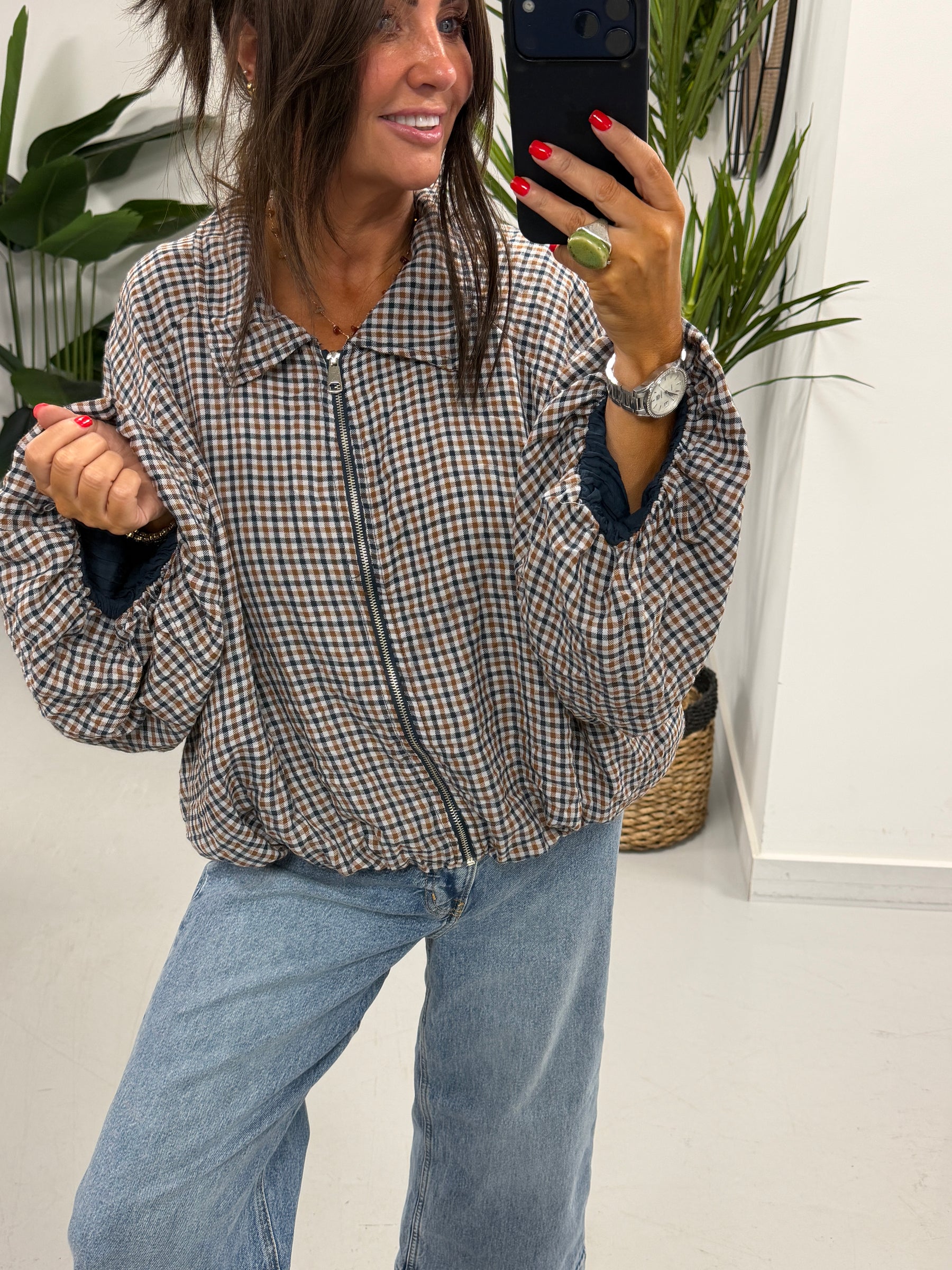 The Plaid Slouchy Bomber - Navy/Wine