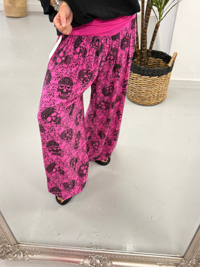 Ali Baba Slouch Pants - Hot Pink Skull