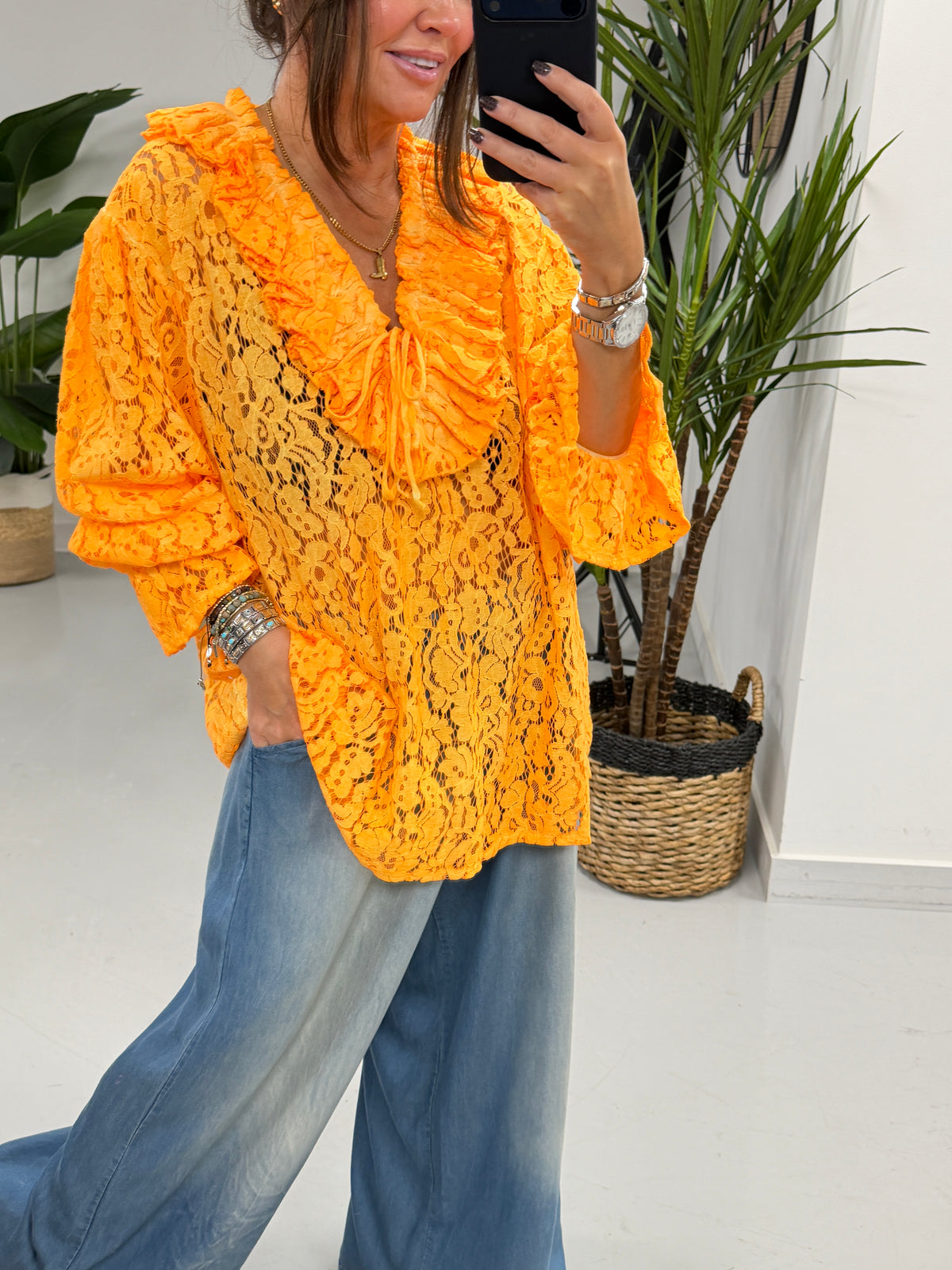 The Lace Ruffle Tie Blouse - Orange