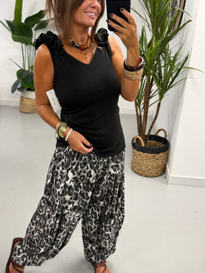 The Shirred TicToc Crinkle Balloon Trouser - Black Animal