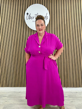 Chunky Button Belted Shirt Dress - Magenta