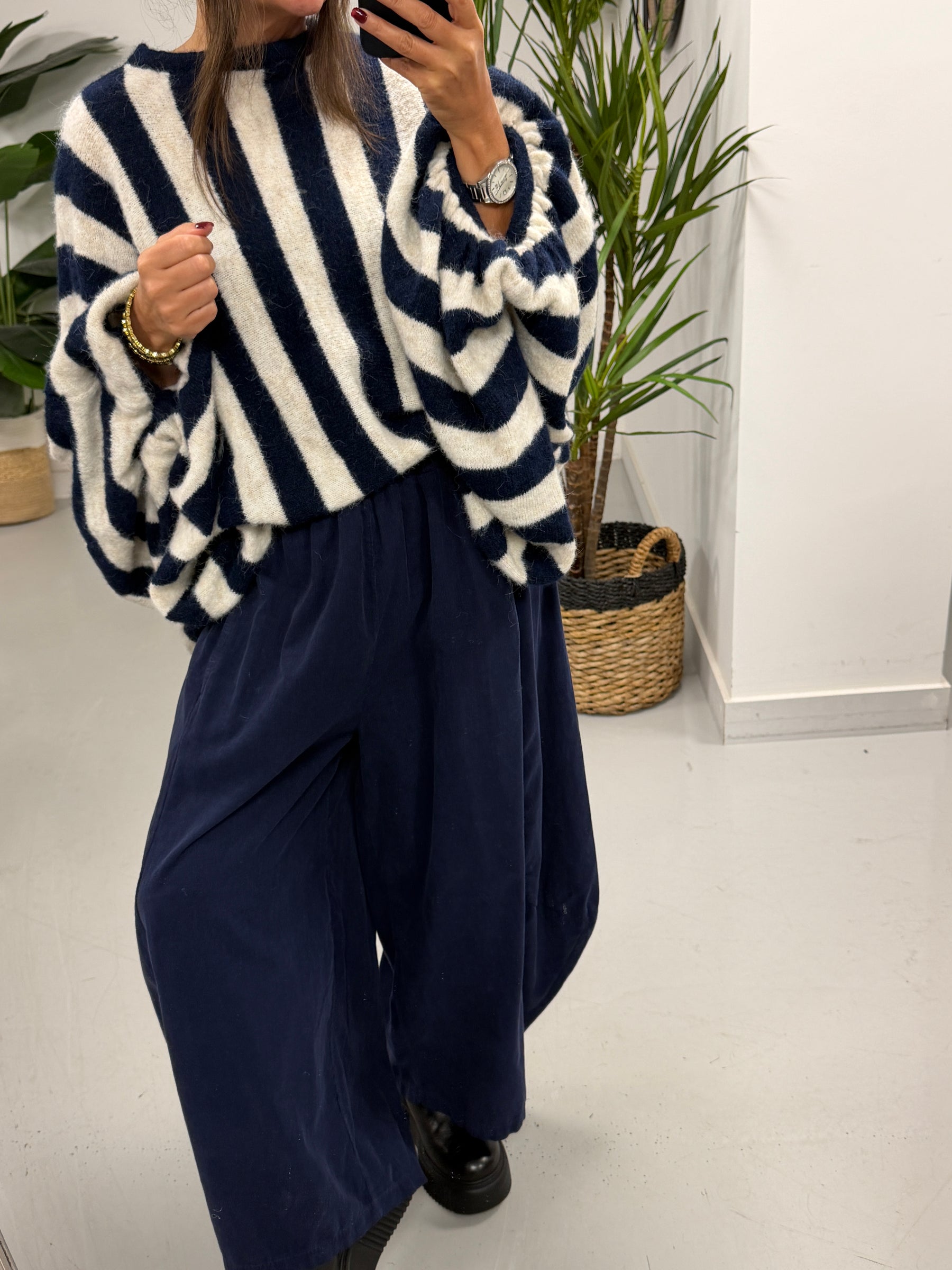 Zeta Otto Stripe Chunky Sleeve Knit - Navy (Size 10-18)