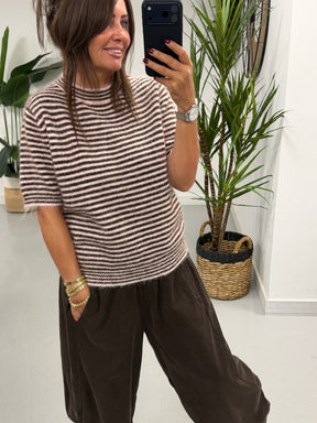 Stripe Crop Sleeve Knit  - Chocolate/Pink (Size 8-14)