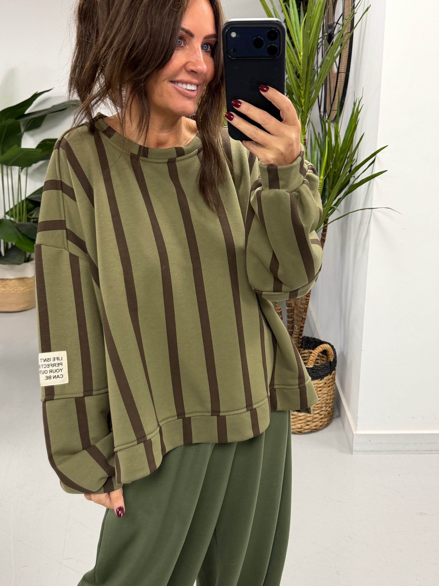 Sunset Stripe  “Life Isn’t Perfect” Sweater - Khaki/Chocolate