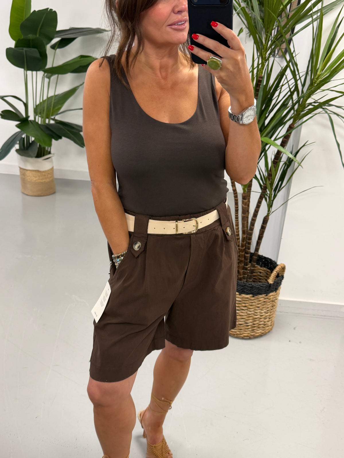 Belted Button Shorts - Chocolate