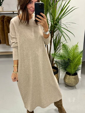 Knitted Button Back Dress - Oatmeal