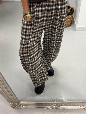 The Bailey Plush Cotton Plaid Barrel Trousers- Chocolate  (Size 10-16)