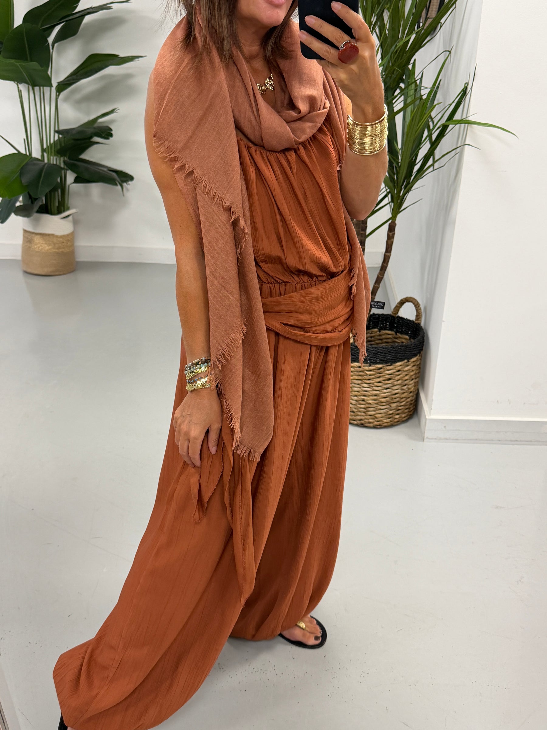 Wrap Crinkle Balloon Jumpsuit - Rust