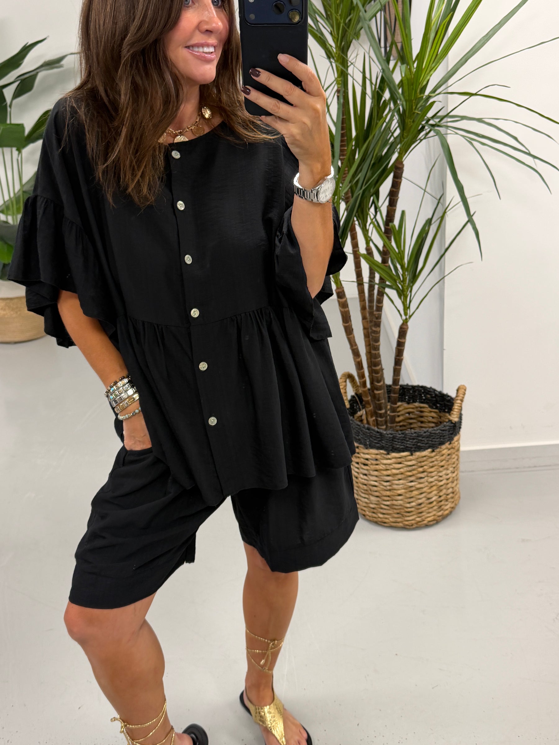 Peplum Button Short Set - Black