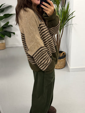 Rustic Stripe Knit Cardigan - Green/Mocha/Chocolate (Size 10-18)