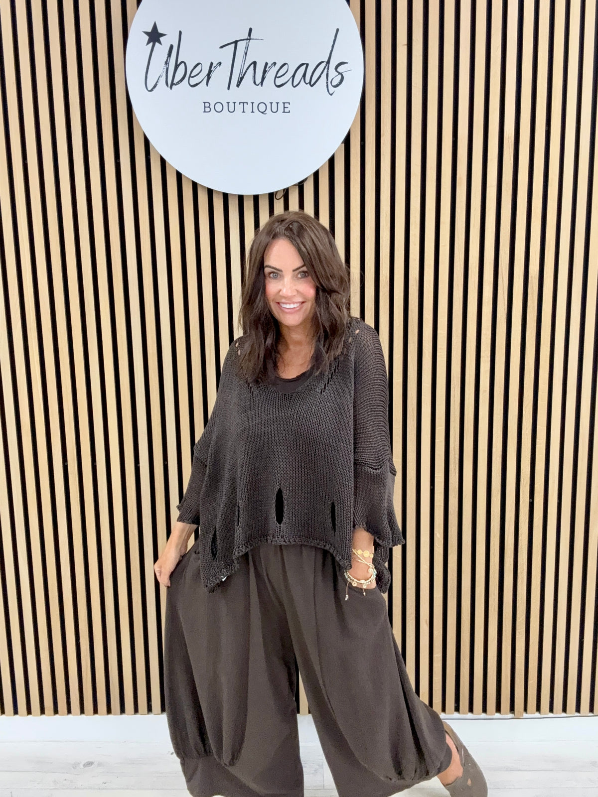 V Neck Holey Knit - Chocolate