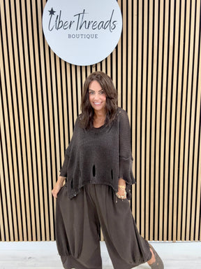 V Neck Holey Knit - Chocolate