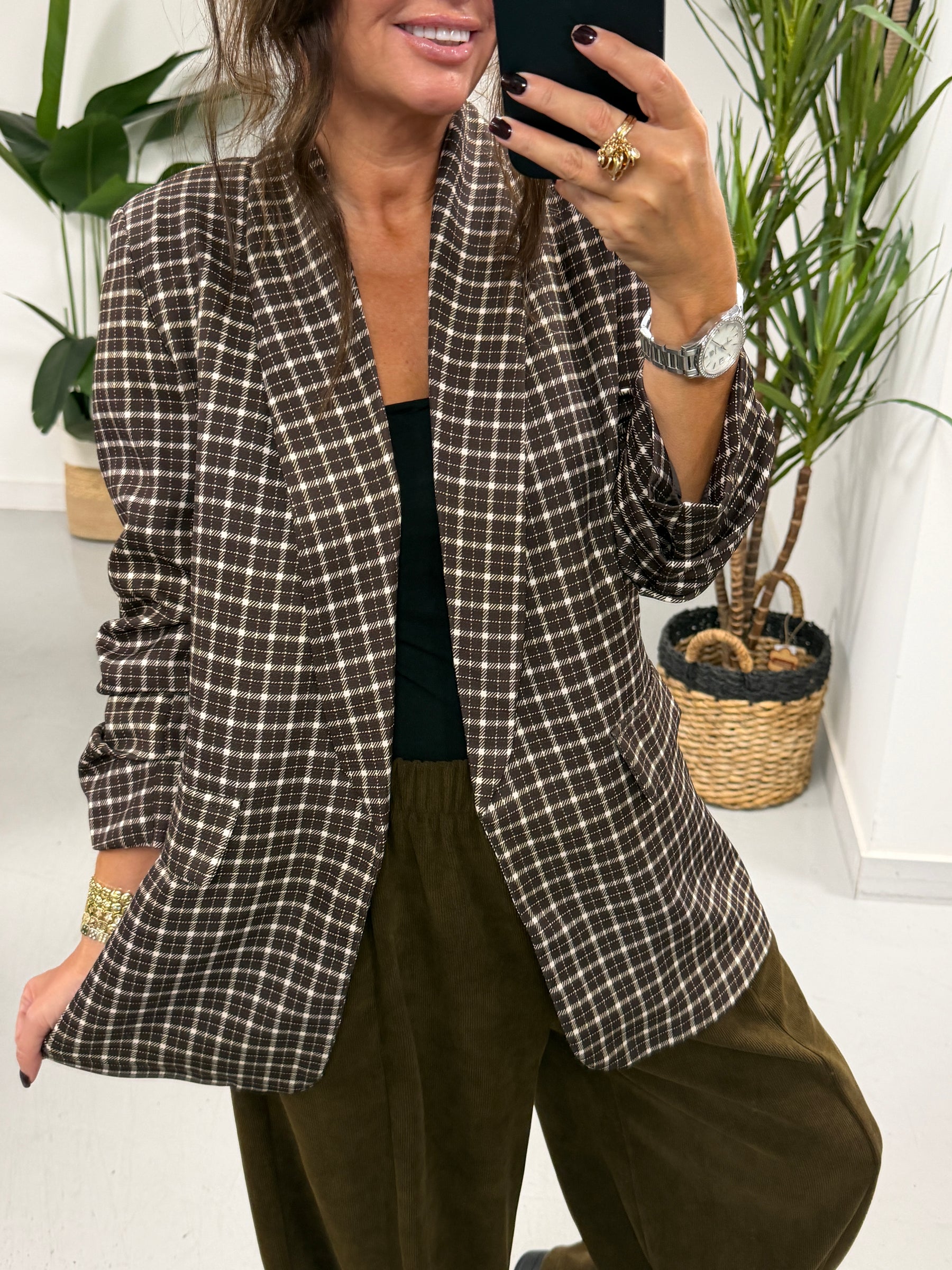 Plaid Ruched Sleeve Blazer - Chocolate Check  (Plus sizes)