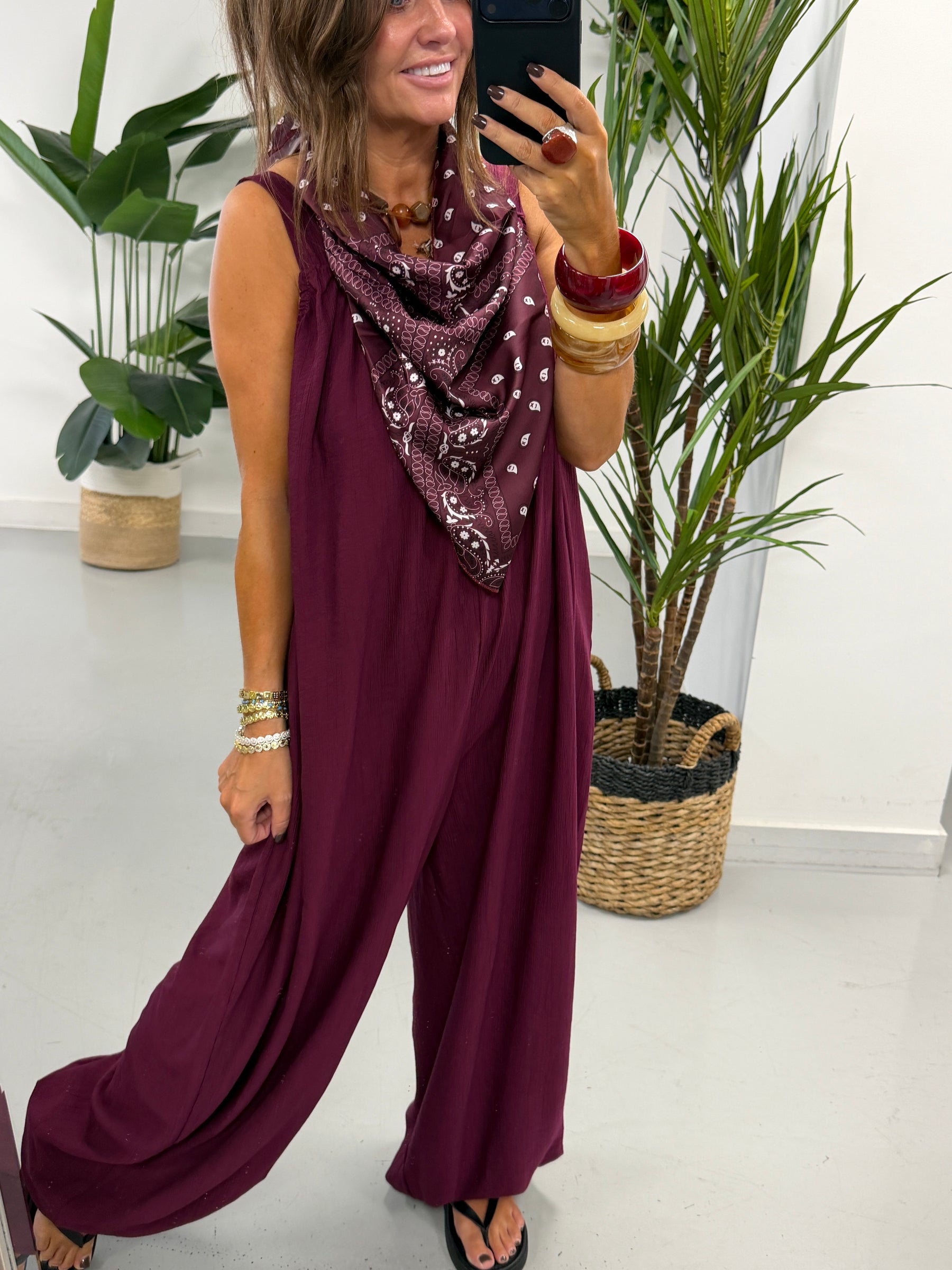 Bandana Scarf Crinkle Jumpsuit - Wine